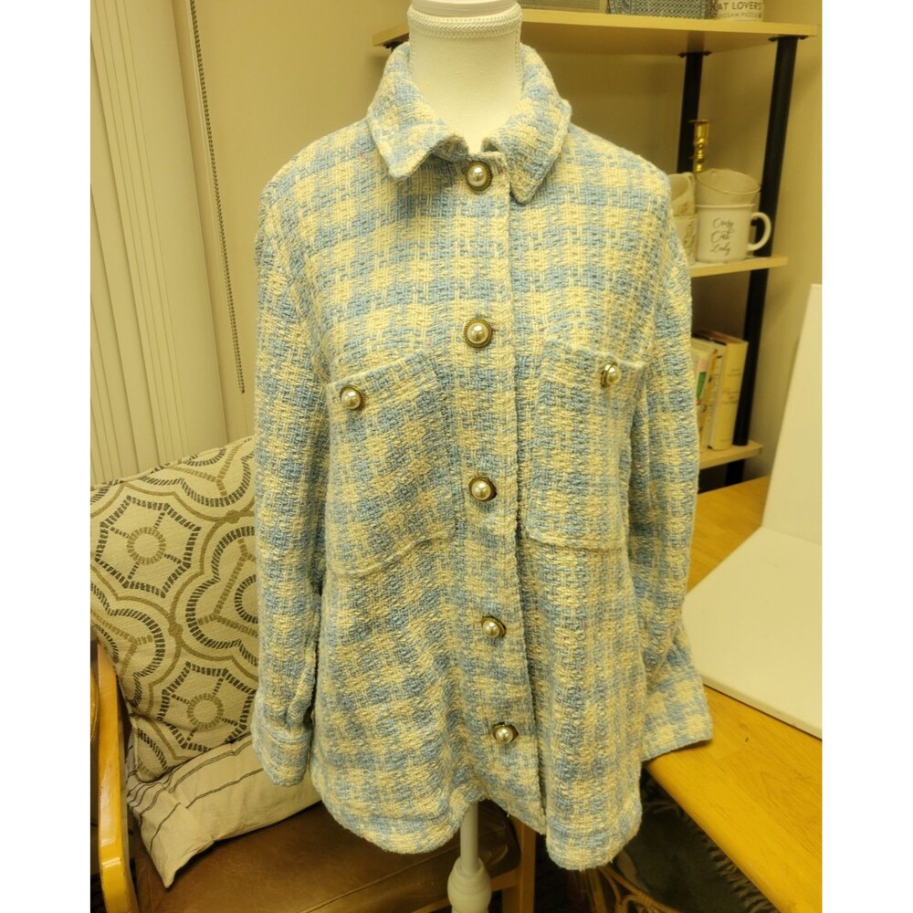Zara Blue and White Houndstooth Tweed Oversized Shirt Jacket Pearl Buttons